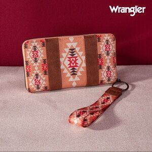 Wrangler Aztec Southwestern Canvas Wristlet Wallet w/ Strap / Orange / NEW
